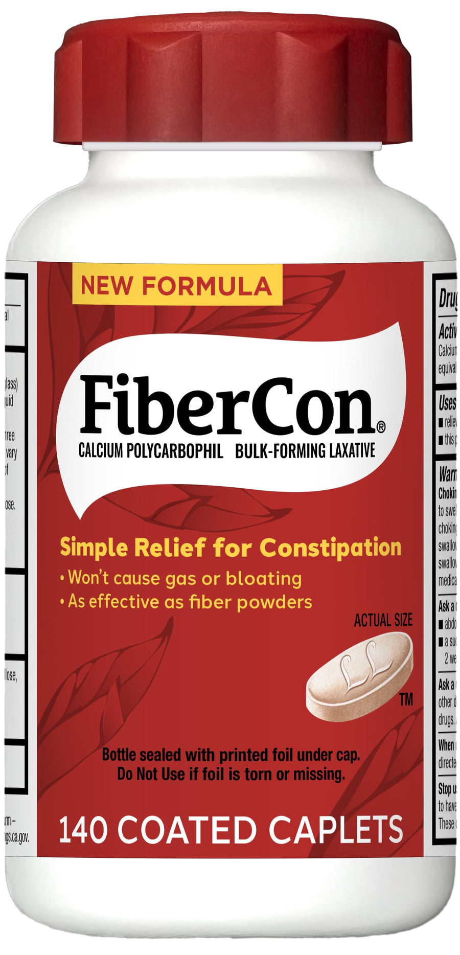 FiberCon Fiber Therapy Coated Caplets, Safe, Simple & Comfortable Insoluble Fiber for Bowel Irregularity, Comfortable Constipation Relief with No Gas or Bloating, 140 Caplets