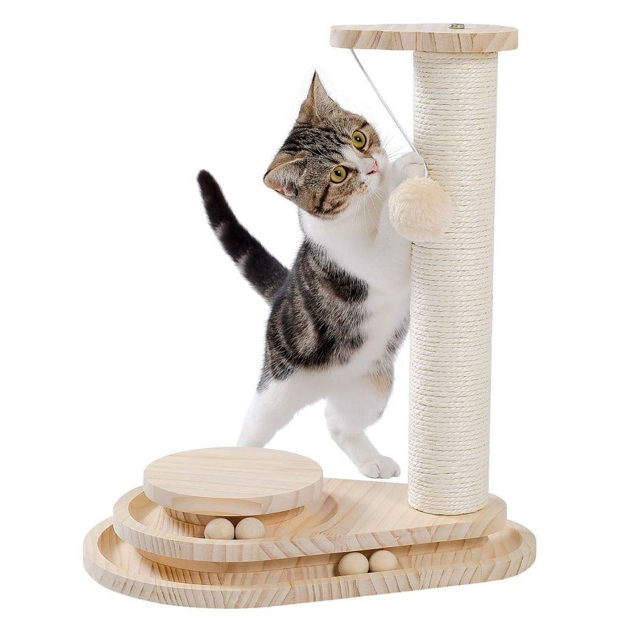 Made4Pets Cat Scratching Post Cat Scratcher Kitten Toys for Indoor Cats Wooden Ball Track Two-Layer Modern Sisal 17.7 Tall Scratch Post Interactive Toy with Dangling Ball