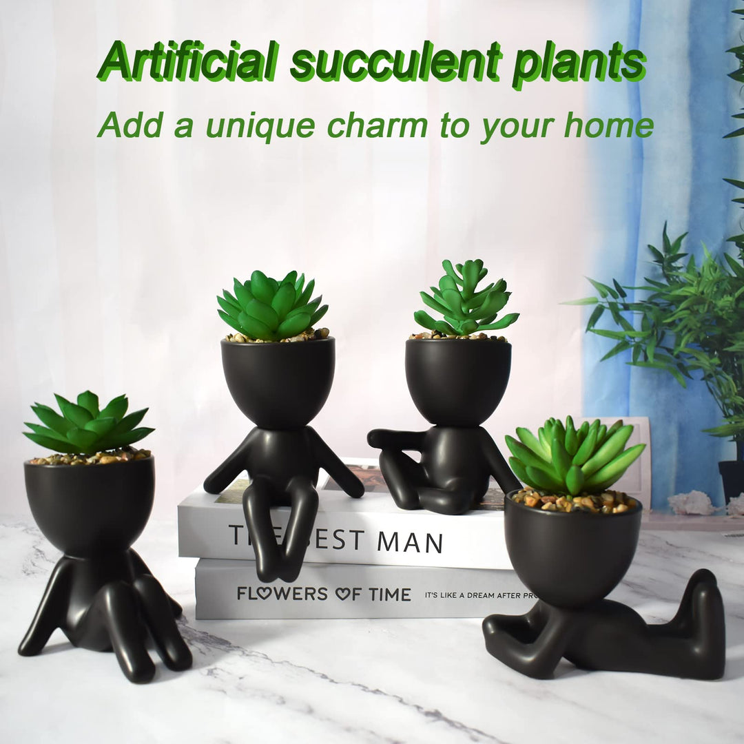 4 PCS Fake Succulent with Ceramic Artificial Succulent Planter Pot for Home Decor, Cute Human Shaped Mini Pots for Office Desk Bathroom Decorations (Matte Black)