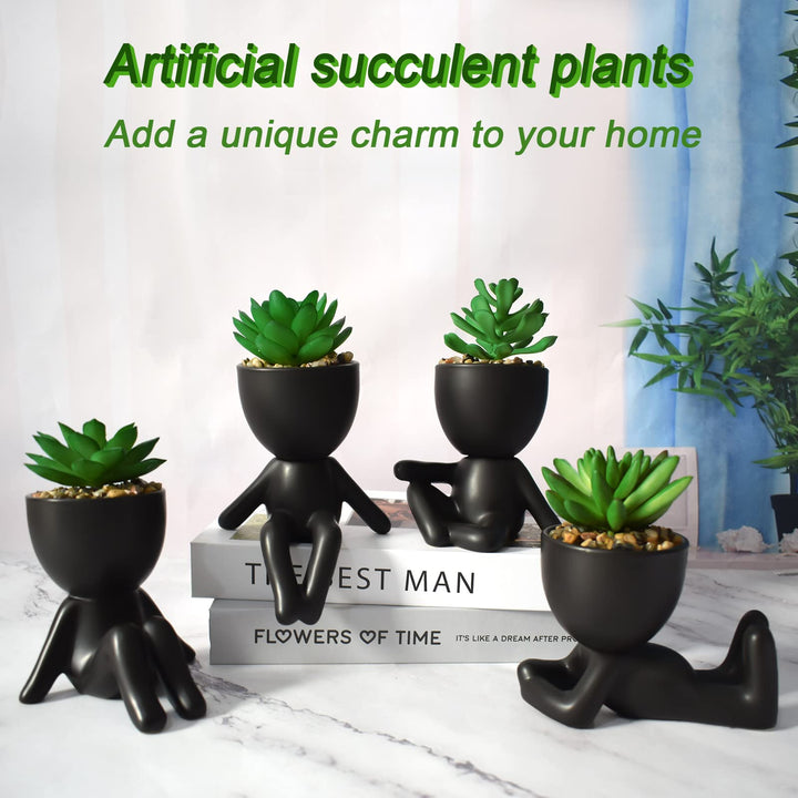 4 PCS Fake Succulent with Ceramic Artificial Succulent Planter Pot for Home Decor, Cute Human Shaped Mini Pots for Office Desk Bathroom Decorations (Matte Black)