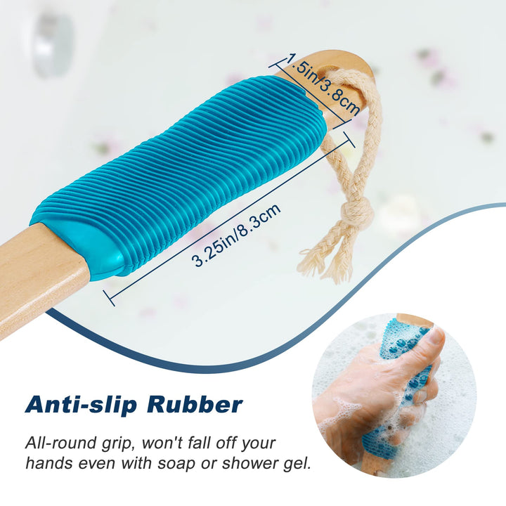 Ergonomically Back Scrubber for Shower - Double-Sided Back Brush Long Handle for Shower, Wet &amp; Dry Brush for Cellulite and Lymphatic (Blue)
