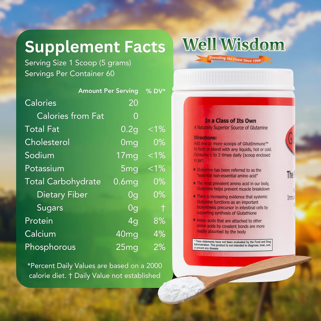 Glut Immune The Finest Glutamine Powder Dairy-Free 300g Well Wisdom, Naturally Superior Covalent Bonded Glutamine Supplement for Gut Health, Immune Focus &amp; Recovery with 60 Servings