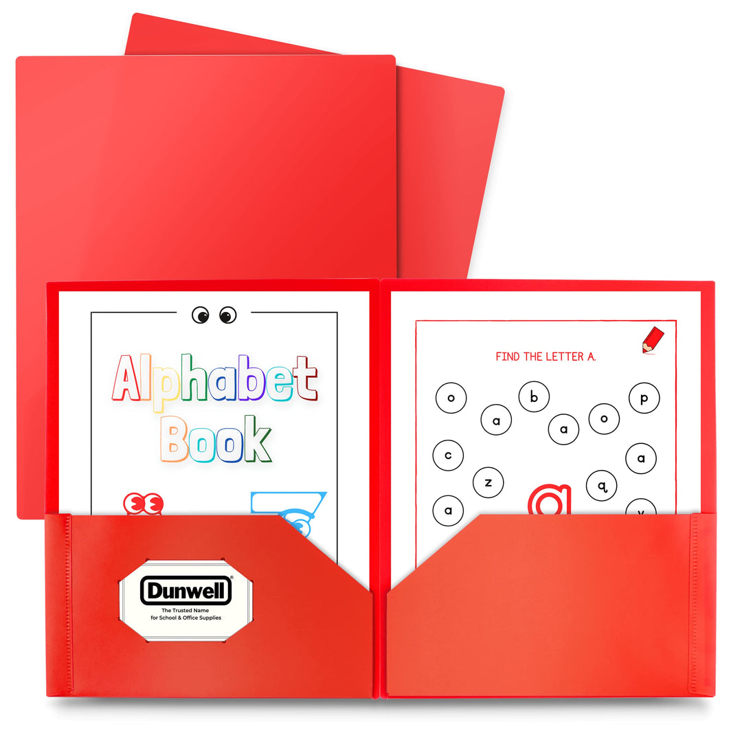 Plastic Folders with Pockets - (Red, 3 Pack), 2 Pocket Poly Folders for School, Home or Office, Durable Heavy Duty File Folders, Includes Removable Adhesive Labels