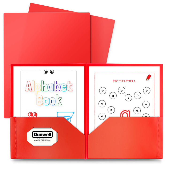 Plastic Folders with Pockets - (Red, 3 Pack), 2 Pocket Poly Folders for School, Home or Office, Durable Heavy Duty File Folders, Includes Removable Adhesive Labels
