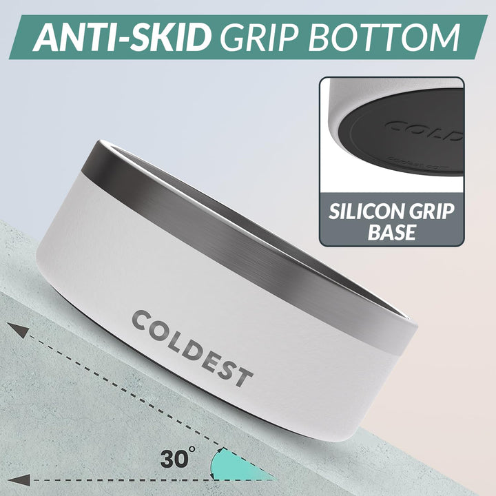 Coldest Dog Bowl - Anti Rust Metal, Non Slip, 3 Layers Insulated Stainless Steel Dog Bowls - Spill Proof &amp; Heavy Duty - Water Bowl for Dogs, Cats &amp; Pets, Dish Washer Safe (64 oz, Epic White)