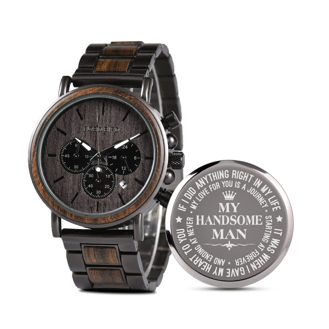 Engraved Wooden Watch for Boyfriend My Man Fiancé Husband Customized Personalized Wood Watches for Men Birthday Anniversary Personalized Watch (C-My Handsome Man)