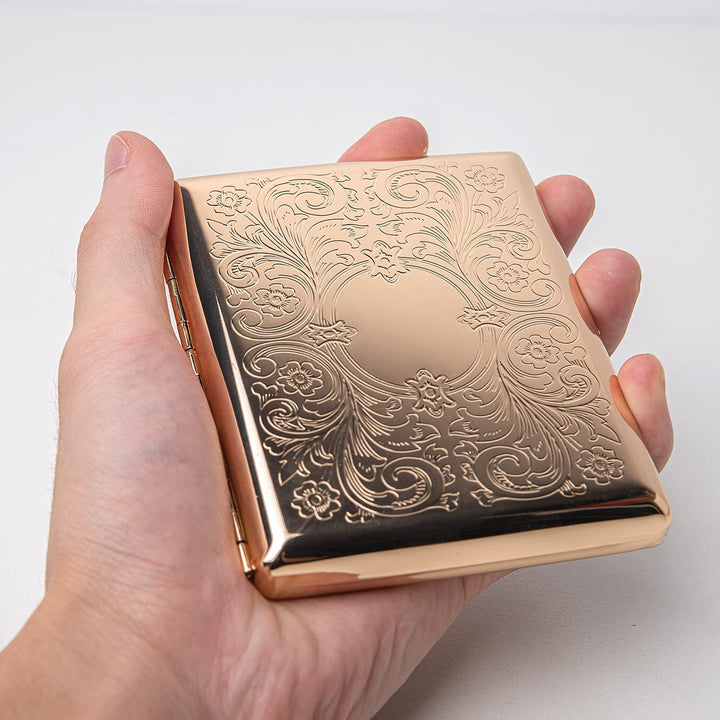 Metal Cigarette Case - Women and Men, Portable Double Sided Spring Clip Cigarette Case, Holds 20 Regular Size Cigarettes, Fits 100mm Cigarettes (Pattern Gold)