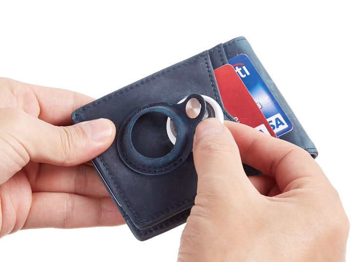 Hawanik Genuine Leather Wallet for AirTag Finder, Slim Bifold Wallet Money Clip with Built-in Holder for AirTag