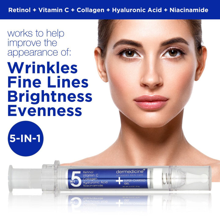 5 in 1 Super-Charged Gel for Face with Retinol, 3 Vitamin C, Collagen, Hyaluronic Acid, Niacinamide | May Help Improve Appearance of Fine Lines and Reduce Appearance of Dark Spots | .4 oz / 2 g