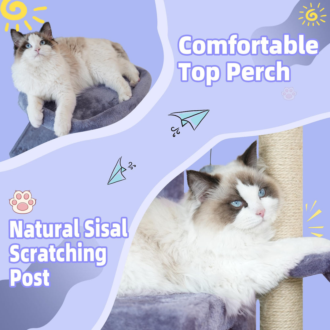 35.4&#39;&#39; Multifunction Cat Tree with Cozy Hammock &amp; Hanging Ball, Cat Tower with Activity Cat Condo &amp; Jute-Covered Scratching Posts, Grey