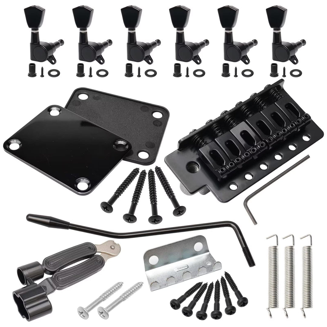 Black 6 Strings Electric Guitar Tremolo Bridge Bar Kit,6R Sealed Gear Tuning Pegs Keys Machine Head with Neck Plate Reinforce Board for Strat Fender Guitar Replacement