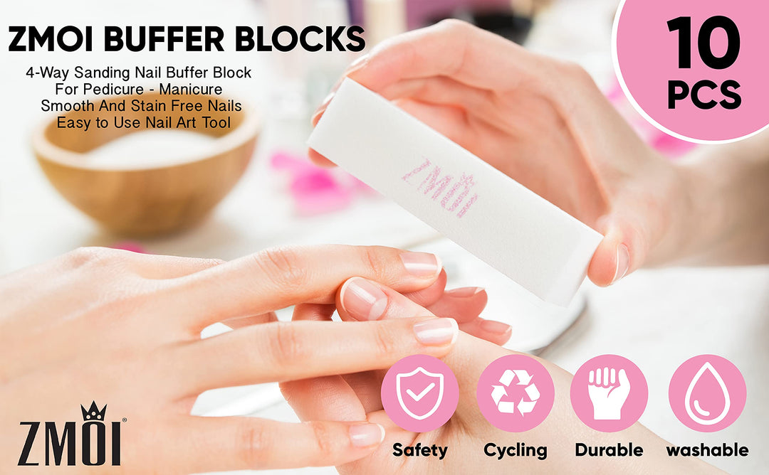 ZMOI Nail Buffer Blocks – 10 PCS Natural & Acrylic Nail Buffer – 4-Way Medium Grit Buff Nail Block for Smooth Nails – Easy to Use Nail Art Tips Tool – Lightweight and Durable (Pink/White)