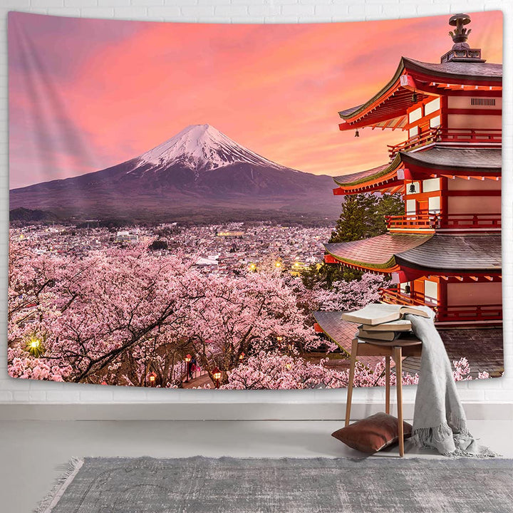 Asian Japanese Tapestry Wall Hanging Japan Pagoda Mountain Fuji Spring Cherry Blossoms Sakura Flower Tapestries, Pink Small Tapestry Wall Deocr for Bedroom Living Room Dorm
