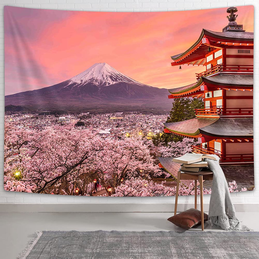 Asian Japanese Tapestry Wall Hanging Japan Pagoda Mountain Fuji Spring Cherry Blossoms Sakura Flower Tapestries, Pink Small Tapestry Wall Deocr for Bedroom Living Room Dorm