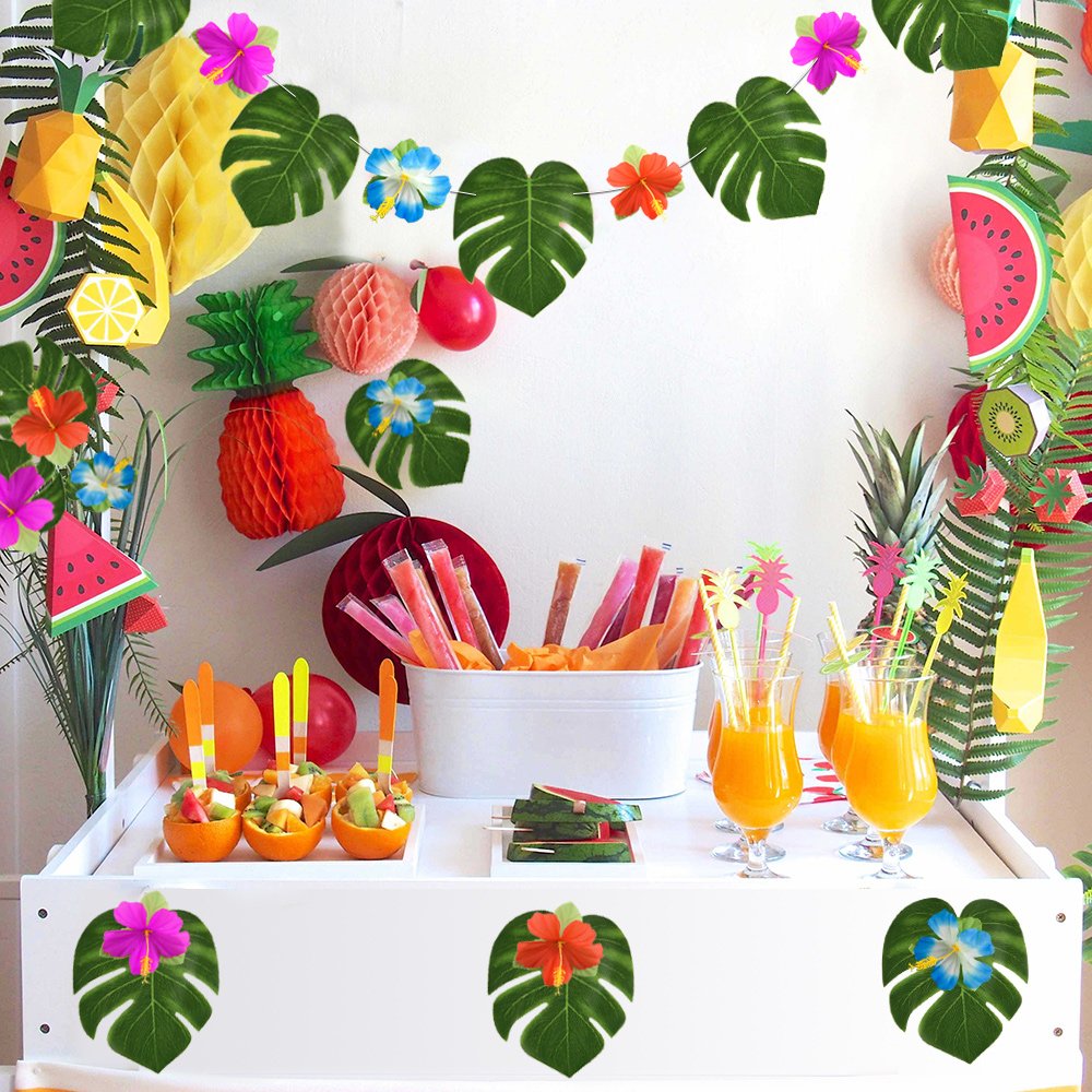 88 Pcs 20cm/8 Tropical Palm Leaves and Silk Hibiscus Flowers Party Decor, Artificial Monstera Plant Leaves Flowers Hawaiian Luau Party Jungle Beach Theme BBQ Birthday Party Decorations Supplie