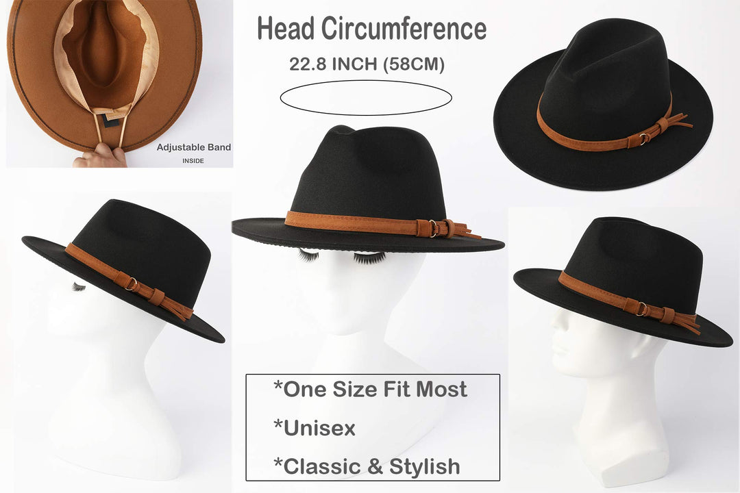 Classic Wide Brim Women Men Fedora Hat with Belt Buckle Felt Panama Hat (Black)