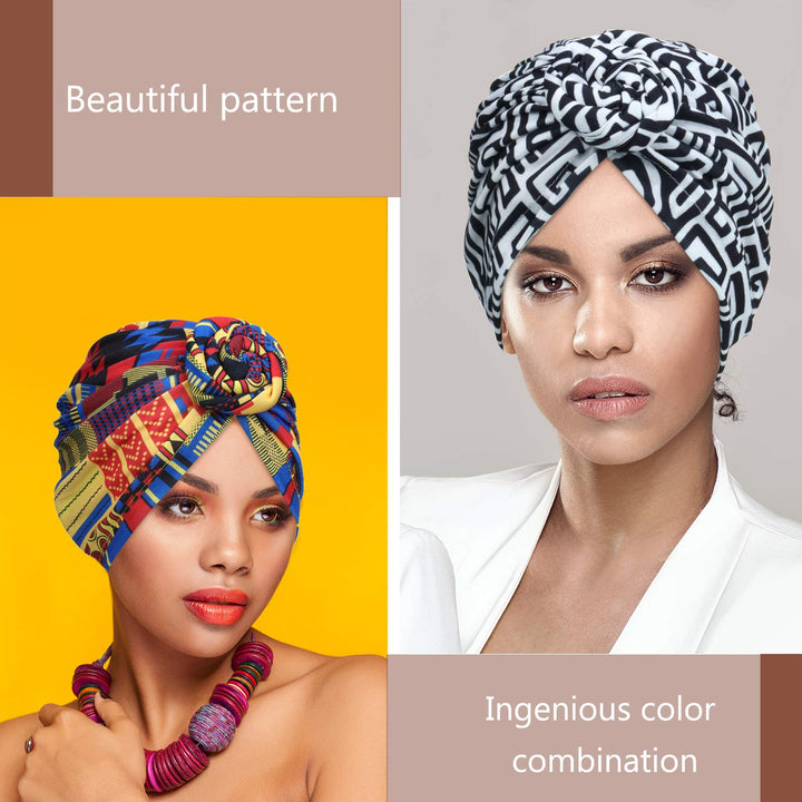SATINIOR 4 Pieces African Pattern Headwrap Pre-Tied Bonnet Turban Knot Beanie Cap Headwrap Hat (Leopard Print Black Flower)