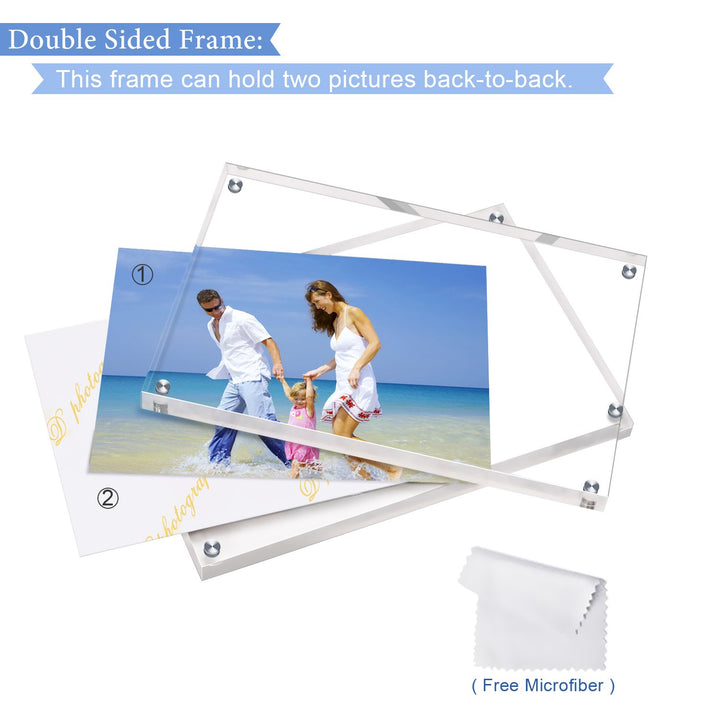 Acrylic Photo Frame 5x7 inches, Free Standing Desktop Double Sided Magnetic Picture Display, 10 + 10MM Thickness Clear Magnet Photo Frame with Microfiber Cloth, Gift Box Package