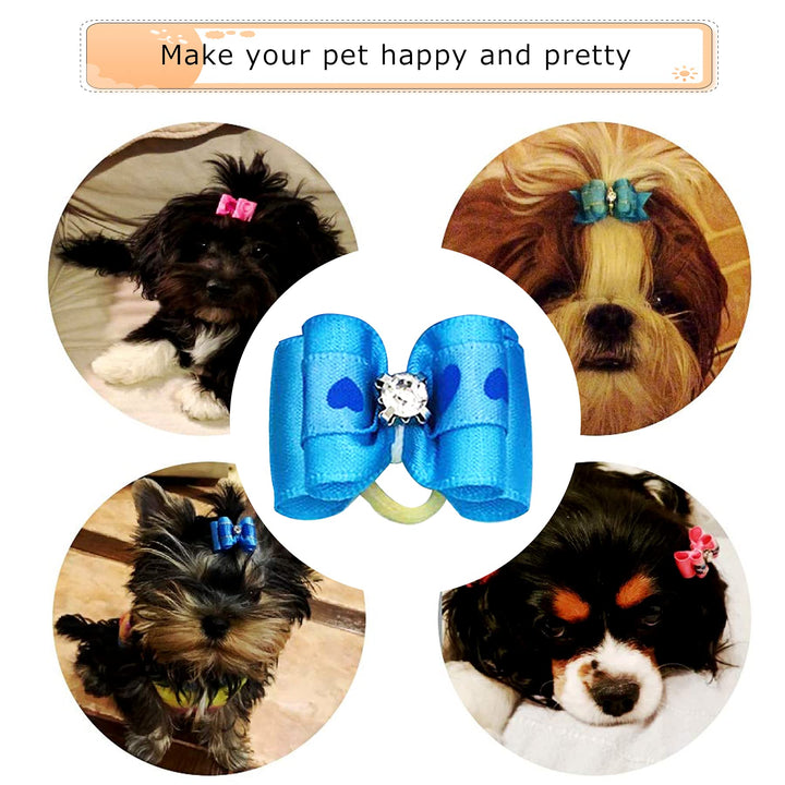 50pcs /25Pair Small Dog Hair Bows with Rubber Bands and Rhinestones Puppy Grooming Bows Doggies Cat Topknot Bowknot Pet Hair Accessories Color Random