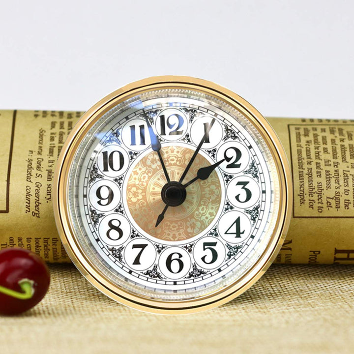 Mini Quartz Clock Insert 2.8 Inch (70 mm) Round Quartz Movement Miniature Clock White Dial Gold Trim Arabic Numerals, Fit 2.4 Inch (61 mm) Diameter Hole