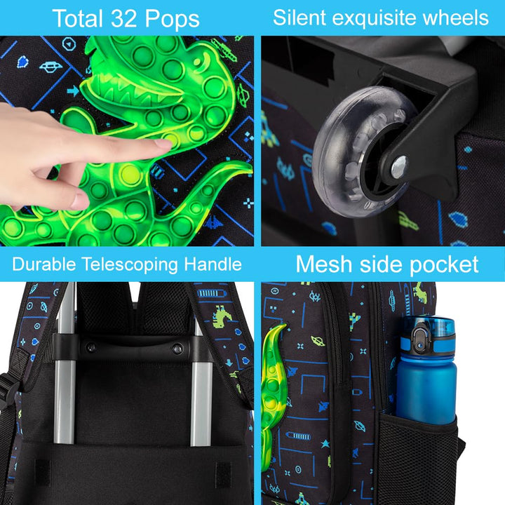 3PCS Rolling Backpack for Girls, Kids Roller Wheels Bookbag, Wheeled School Bag with Lunch Bag - Unicorn Pink