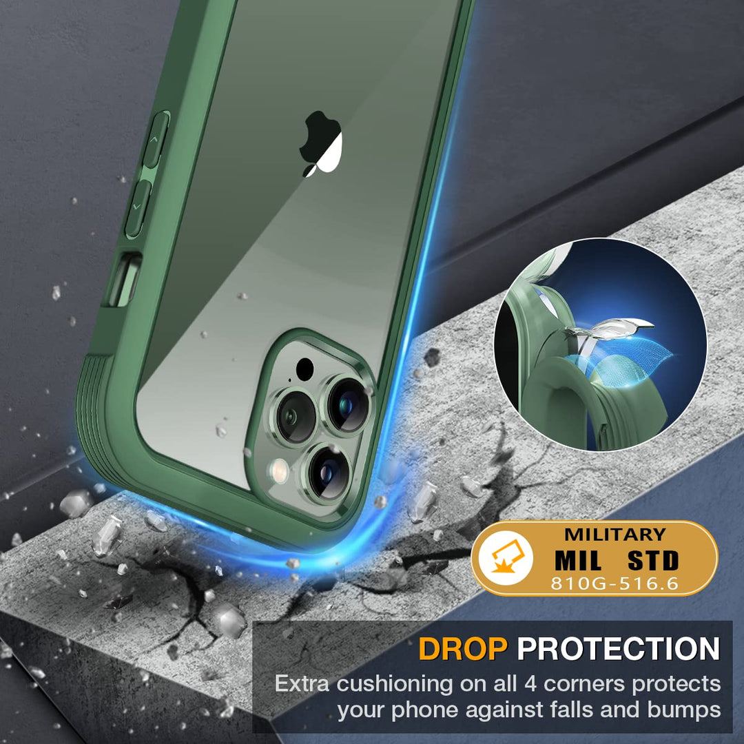 Glass Case Compatible with iPhone 13 Pro Max Case 6.7 inch, [Glass Screen Protector] Full Body Rubber Bumper Case Cover (Alpine Green)