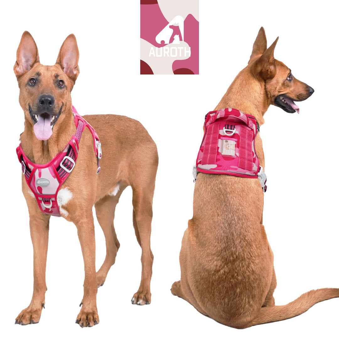 Auroth Tactical Dog Harness for Small Medium Large Dogs No Pull Adjustable Pet Harness Reflective K9 Working Training Easy Control Pet Vest Military Service Dog Harnesses Extra Large, Pink Camo