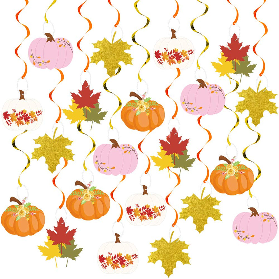 20Pcs Fall Party Hanging Swirl Decorations, Autumn Pumpkin Maple Leaf Thanksgiving Hanging Foil Swirls Streamers, Fall Themed Door Ceiling Decoration for Thanksgiving Halloween Birthday Party Supplies