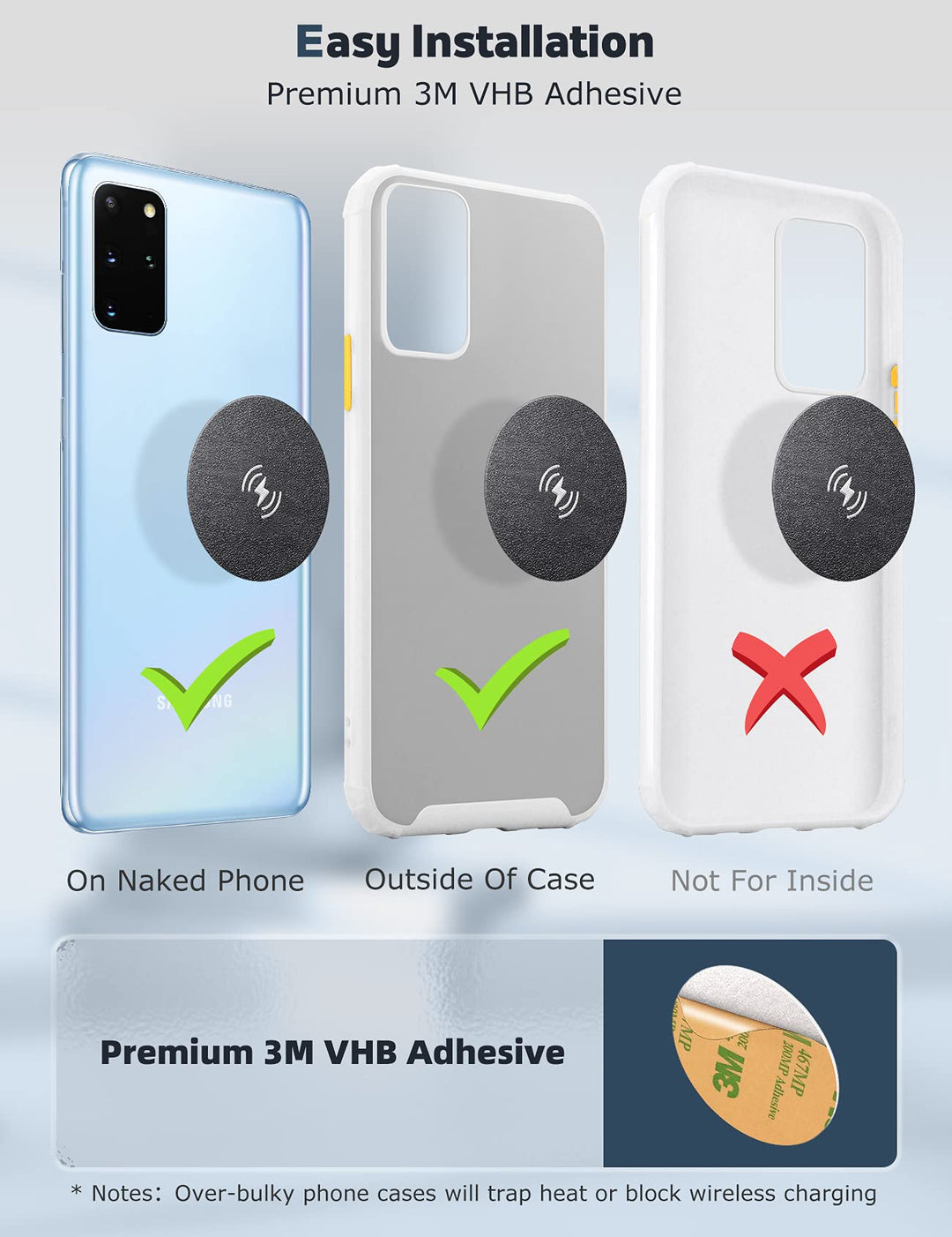 Magnetic Phone Mount Metal Plate, Wireless Charging Compatible Phone Magnet Sticker for Magnetic Phone Holder for Car [Round Medium Size] [2.1 inch Diameter] [2-Pack]