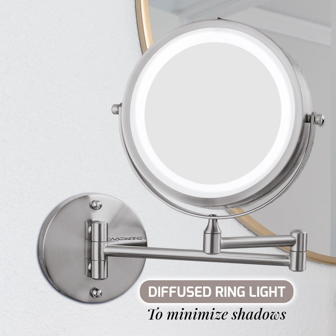 7 Lighted Wall Mount Makeup Mirror with 1X/10X Magnification, Cordless Double Sided Magnifying Round Vanity Mirror, 360° Swivel Design, Extendable and Folding Arm, Nickel Brushed MFW70BR1X10X