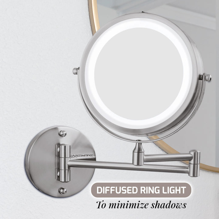 7 Lighted Wall Mount Makeup Mirror with 1X/10X Magnification, Cordless Double Sided Magnifying Round Vanity Mirror, 360° Swivel Design, Extendable and Folding Arm, Nickel Brushed MFW70BR1X10X