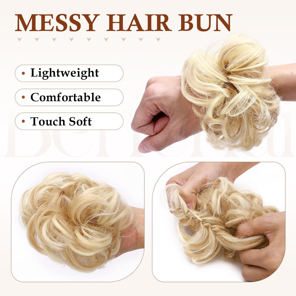 Messy Bun Hair Piece Scrunchy Updo Hair Pieces for Women Fluffy Wavy Hair Bun Scrunchies Donut Hairpiece Synthetic Chignons With Elastic Rubber Band Dark Blonde & Bleach Blonde 1 pc