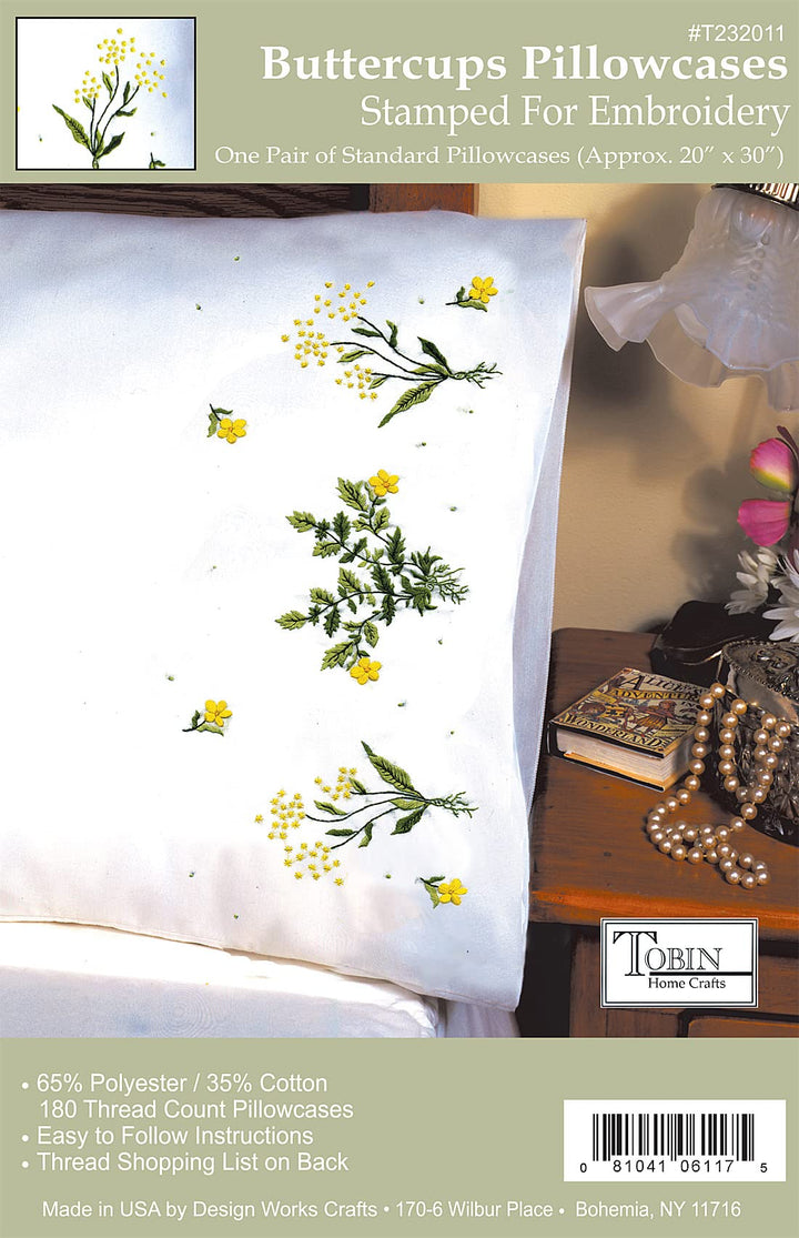 Stamped Pillowcase Pair for Embroidery, 20 by 30-Inch, Buttercups