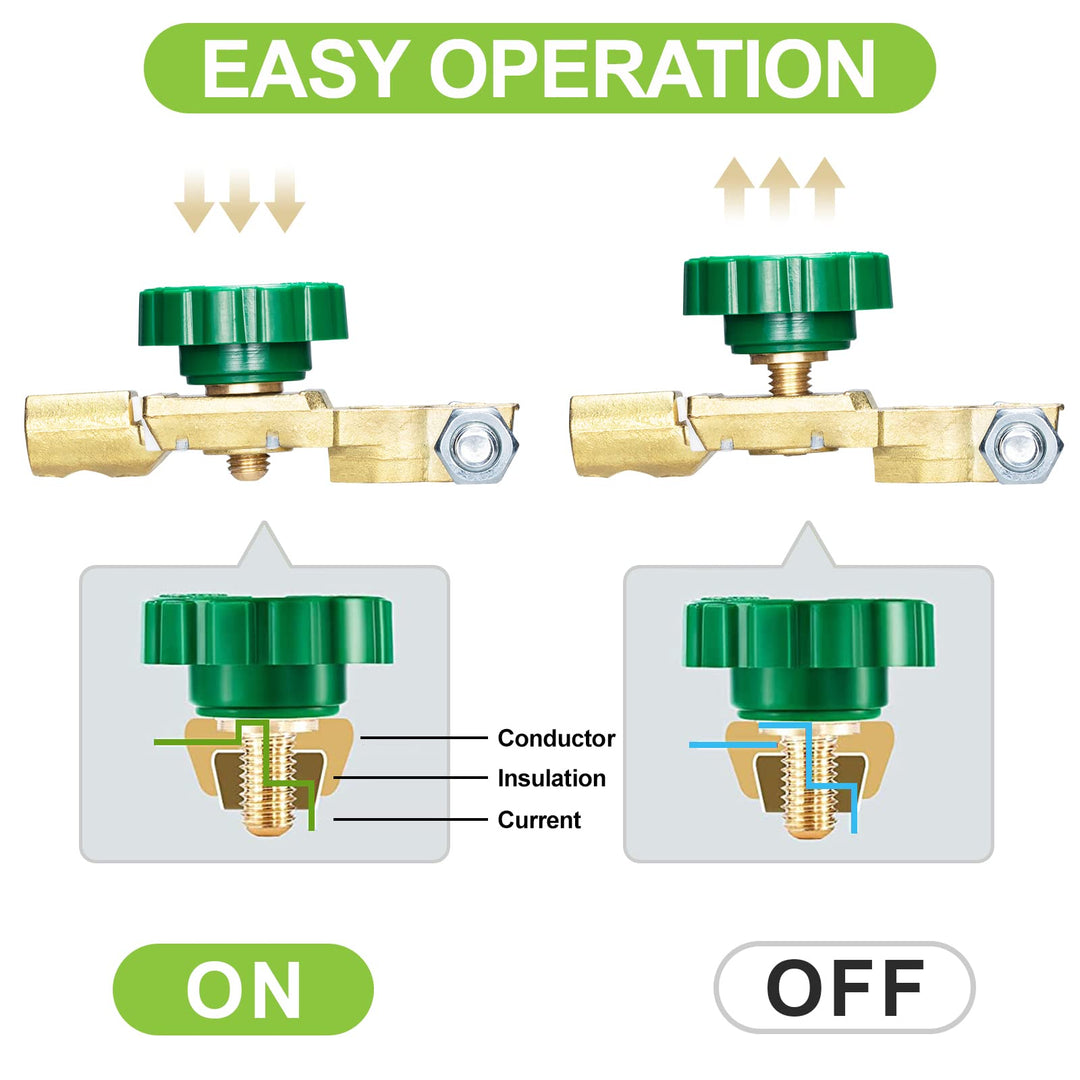 Spurtar Top Post Battery Disconnect Switch 12V-24V Battery Shut Off Switch Quick Disconnet Master Battery Isolator Battery Power Cut Off Switch with Green Knob for Car Truck Boat Vehicles