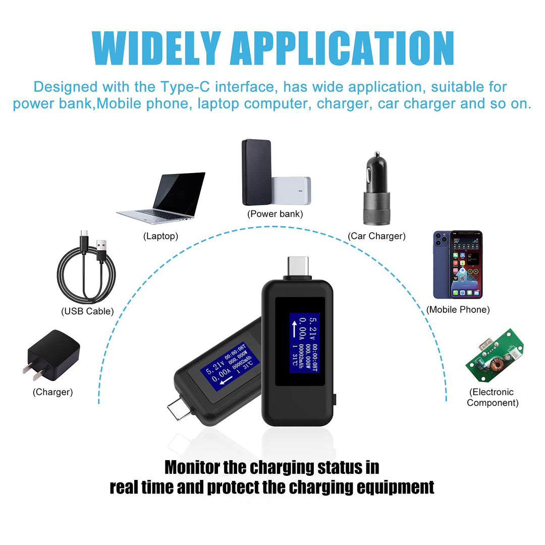 USB C Power Meter Tester Type C USB Tester, USB C Digital Multimeter 0-5.1A 4-30V LCD Display Volt and Amp Meter for USB-C Cables, Laptops, Phones, Chargers - QC 2.0 &amp; QC 3.0
