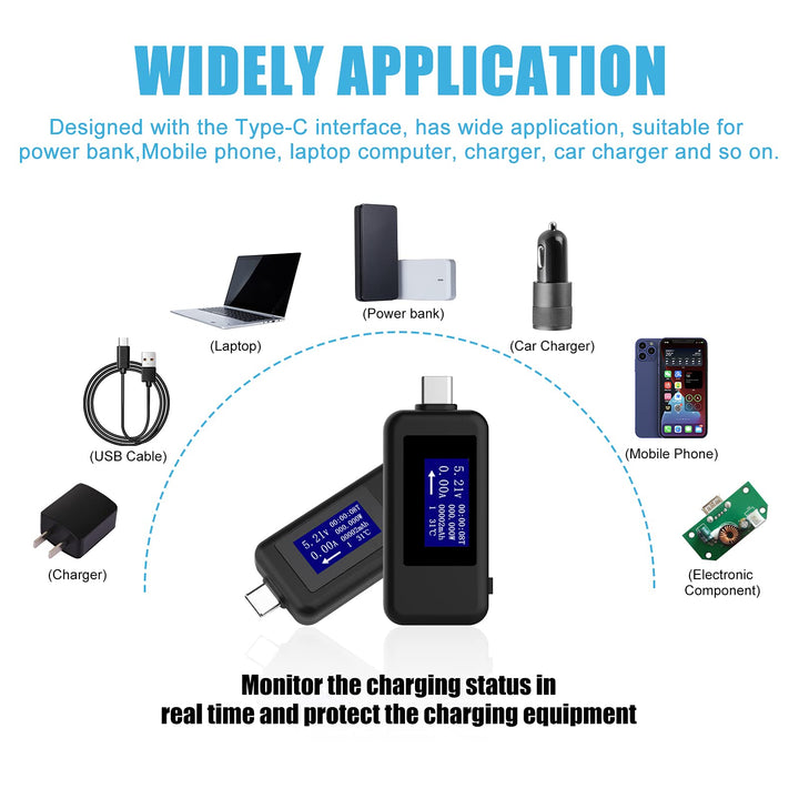 USB C Power Meter Tester Type C USB Tester, USB C Digital Multimeter 0-5.1A 4-30V LCD Display Volt and Amp Meter for USB-C Cables, Laptops, Phones, Chargers - QC 2.0 &amp; QC 3.0