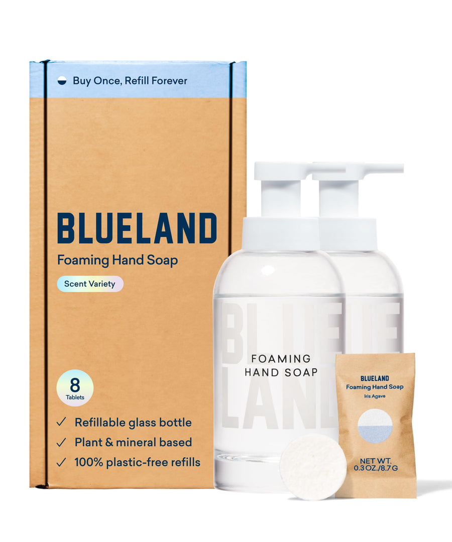 Hand Soap Starter Set - 1 Refillable Glass Foaming Hand Soap Dispenser + 4 Tablets Refills | Iris Agave Scent | Eco Friendly Hand Soap | Makes 4 x 9 Fl oz bottles (36 Fl oz total)