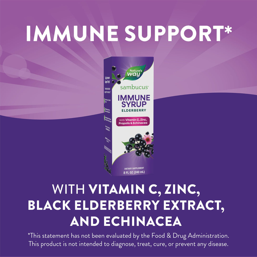 Nature&#39;s Way Sambucus Immune Syrup, Elderberry Extract, Vitamin C, Zinc, Echinacea, Propolis, Daily Immune Support*, Antioxidant Support*, Gluten free, Vegetarian, 8 Fl Oz (Packaging May Vary)