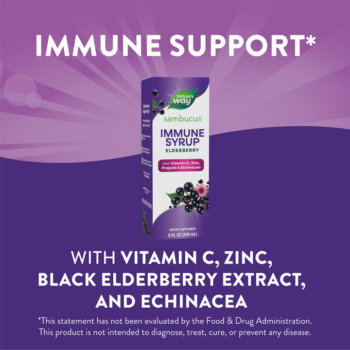 Nature&#39;s Way Sambucus Immune Syrup, Elderberry Extract, Vitamin C, Zinc, Echinacea, Propolis, Daily Immune Support*, Antioxidant Support*, Gluten free, Vegetarian, 8 Fl Oz (Packaging May Vary)
