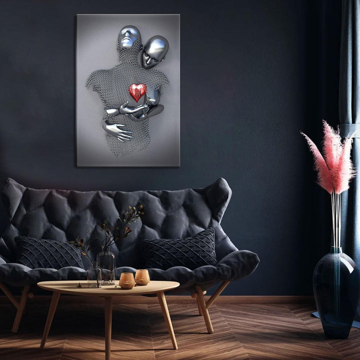 Bedroom Wall Decor,Framed Romantic Couple Living Room Canvas wall art,Love Heart 3D Metal Sculpture Effect,Black and White Modern Abstract hug Lovers Painting Picture Poster Prints for Bathroom Hotel