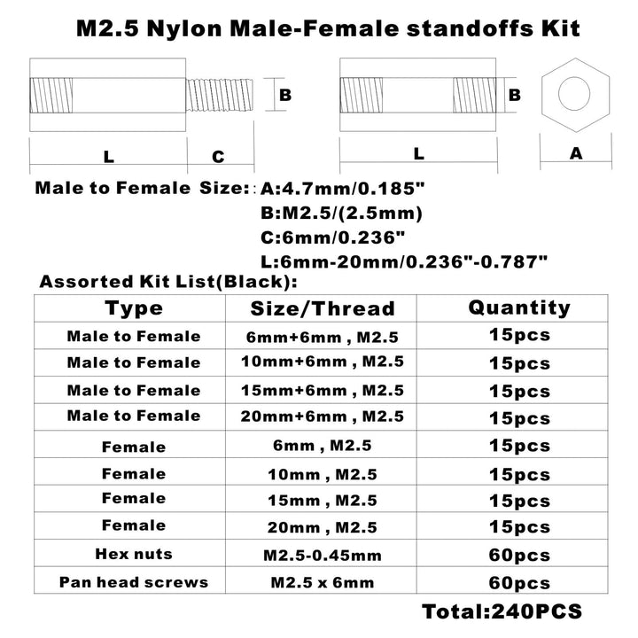 240pcs M2.5 Nylon Hex Spacer Standoffs Screws Nuts Assortment Kit;Male-Female(Black)