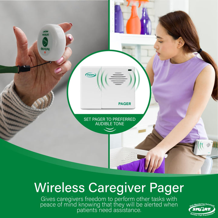 Smart Caregiver Two Call Buttons &amp; Wireless Caregiver Pager for Fall Prevention and Elderly Assistance | Caregiver Call Button with Wearable Lanyard | Nurse Call Alert System with Up to 300&#39; Range