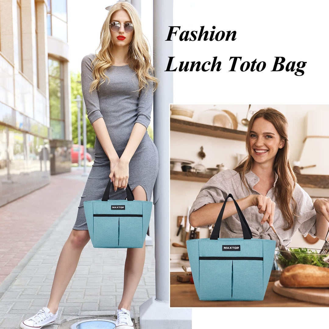 Lunch Bags for Women Insulated Thermal Lunch Tote Bag Lunch Box with Front Pocket for Office Work Picnic Shopping (Light Blue Small)