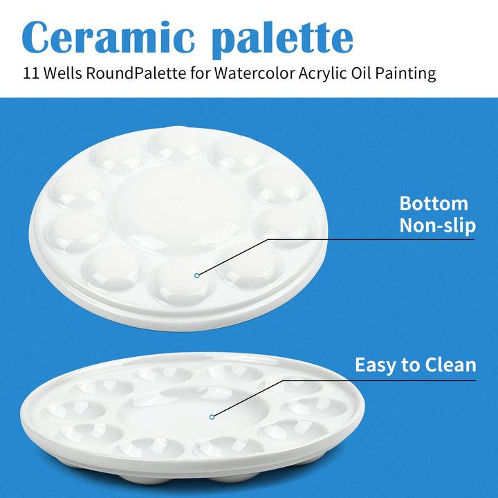 Artist Ceramic Palette, 11 Well Round Porcelain Watercolor Paint Palette for Watercolor Gouache Acrylic Oil Painting, 7-Inch