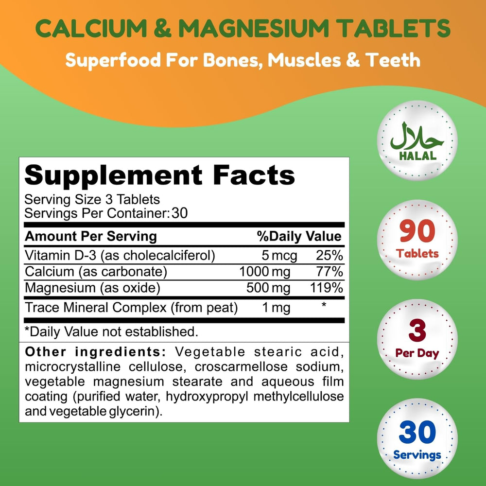 Halal Calcium Magnesium Supplement w/Vitamin D3 | Calcium 1,000 mg, Magnesium 500mg | 30 Servings, Non-GMO | Structure & Bone Strength, Teeth, Cardiovascular & Muscle Support