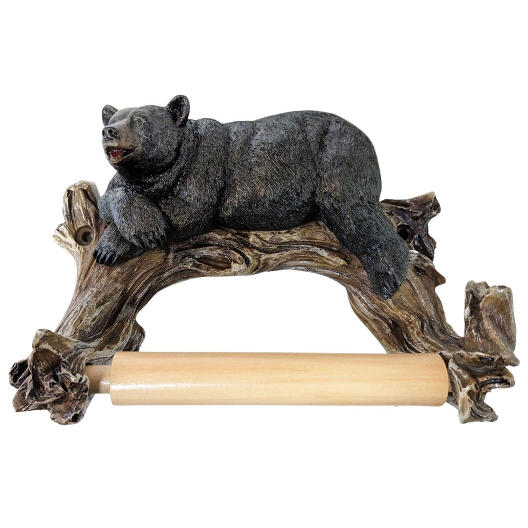 Rustic Cabin Style Black Bear on Log Toilet Paper Holder Wall Mounted