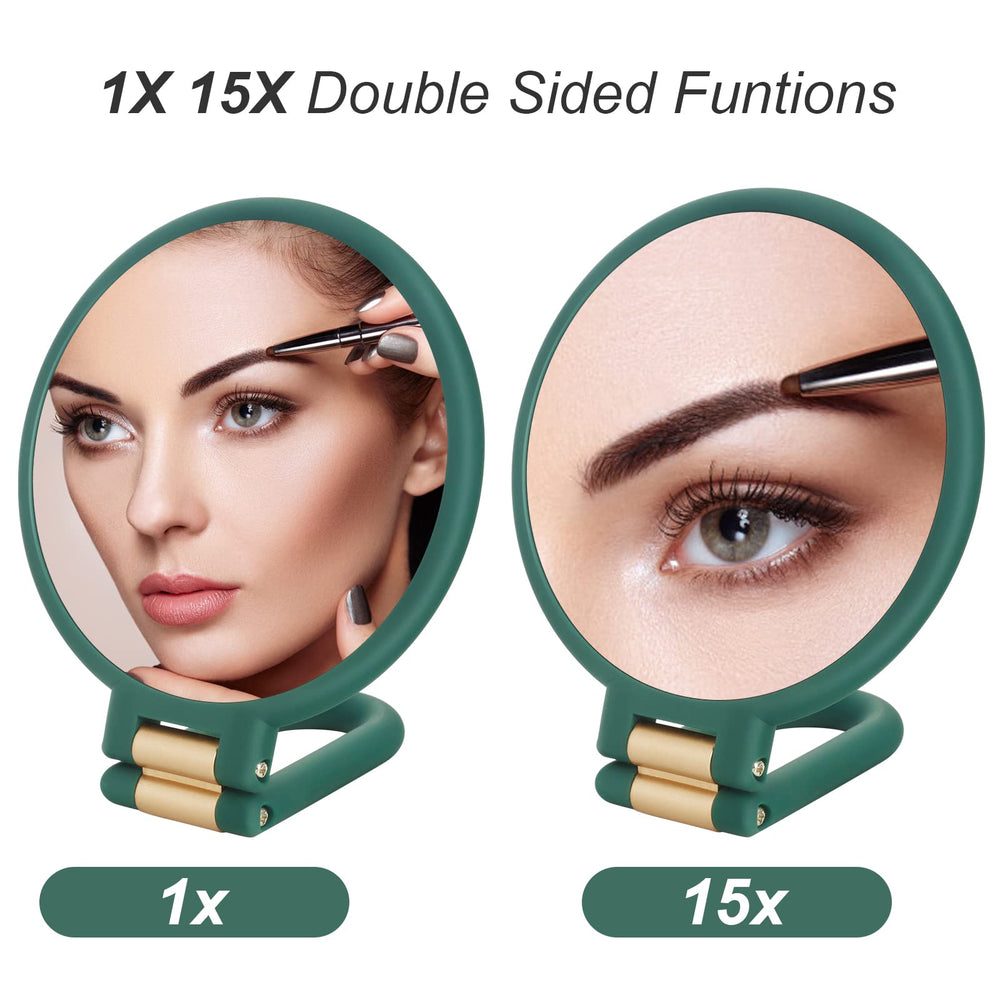 Handheld Mirror, 1x 15x Magnifying Makeup Mirror with Handle Double Side Hand Held Mirror with 1x15x Magnification & Foldable Handle, Portable Travel Makeup Hand Mirror for Women (Army Green)