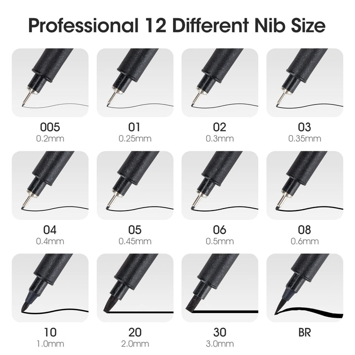 Art Pens,Fineliner Ink Pens,Set of 12 Technical Drawing pen,Pigment Pen,Fine Point,Black,Waterproof,for Art Watercolor,Sketching,Anime,Manga, 902188