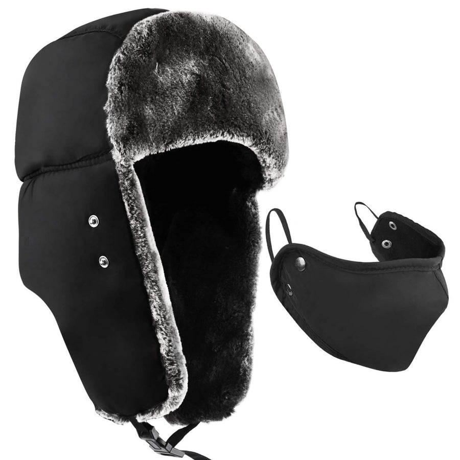 Winter Trooper Trapper Hat Cap Ushanka Russian Hats Ear Flaps Strap with Windproof Facemask Black