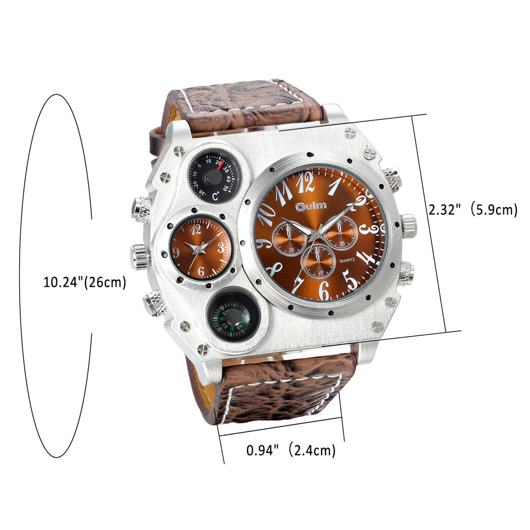 Mens Big Face Watch, Dual Time Zone Leather Strap Sport Watch, Analog Quartz Wrist Watch with Decorative Compass Thermometer Dial